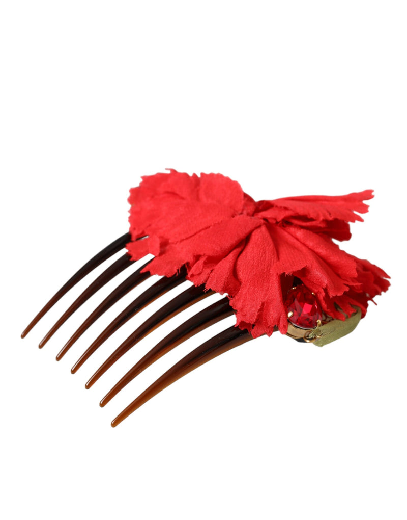 Dolce & Gabbana Red Silk Floral Gold Brass Hair Comb