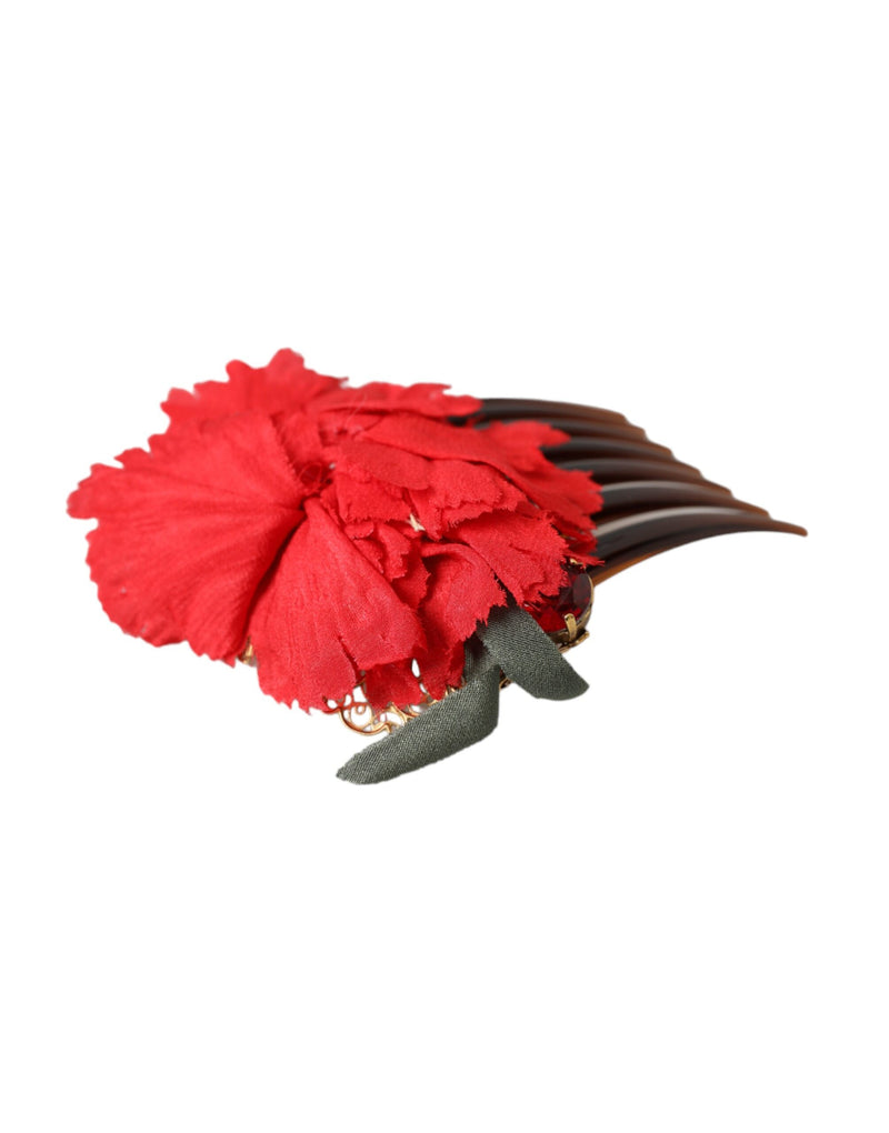 Dolce & Gabbana Red Silk Floral Gold Brass Hair Comb