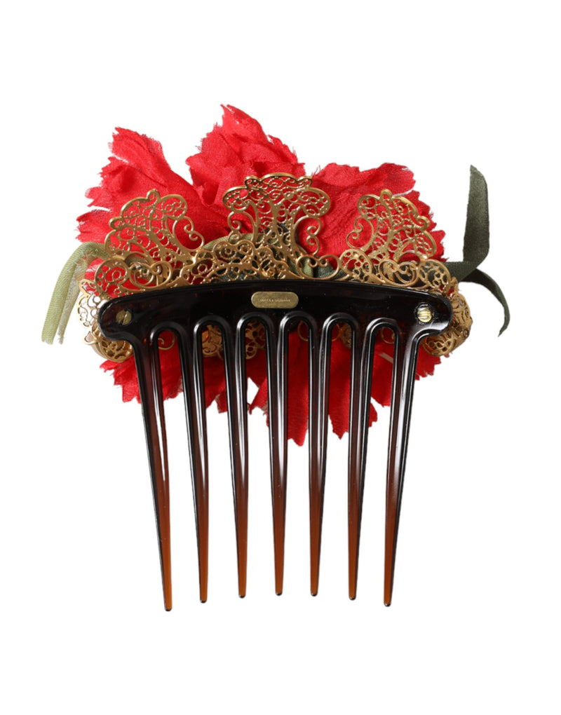 Dolce & Gabbana Red Silk Floral Gold Brass Hair Comb