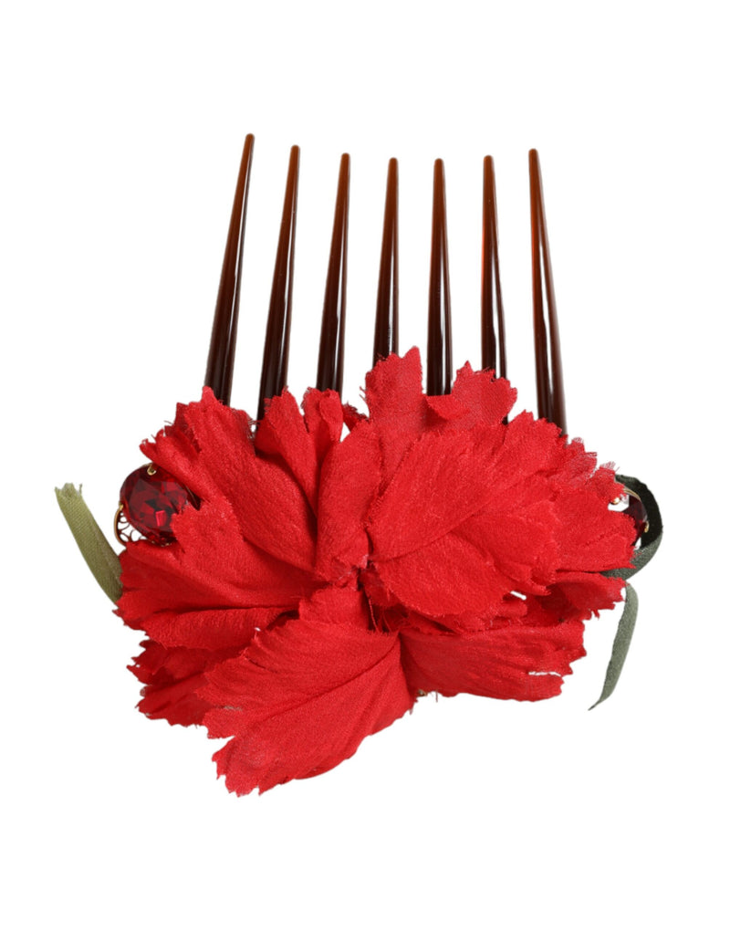 Dolce & Gabbana Red Silk Floral Gold Brass Hair Comb
