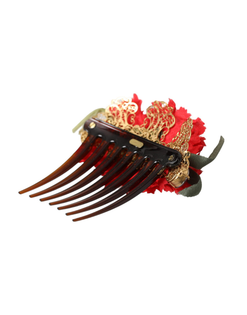 Dolce & Gabbana Red Silk Floral Gold Brass Hair Comb