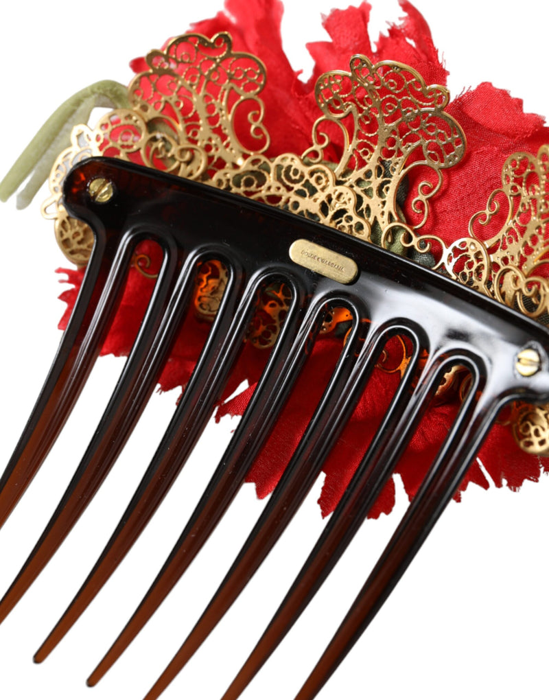 Dolce & Gabbana Red Silk Floral Gold Brass Hair Comb