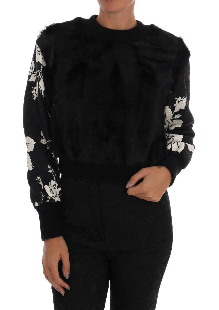 Pull Dolce &amp; Gabbana en fourrure noire, brocart floral et fermeture éclair