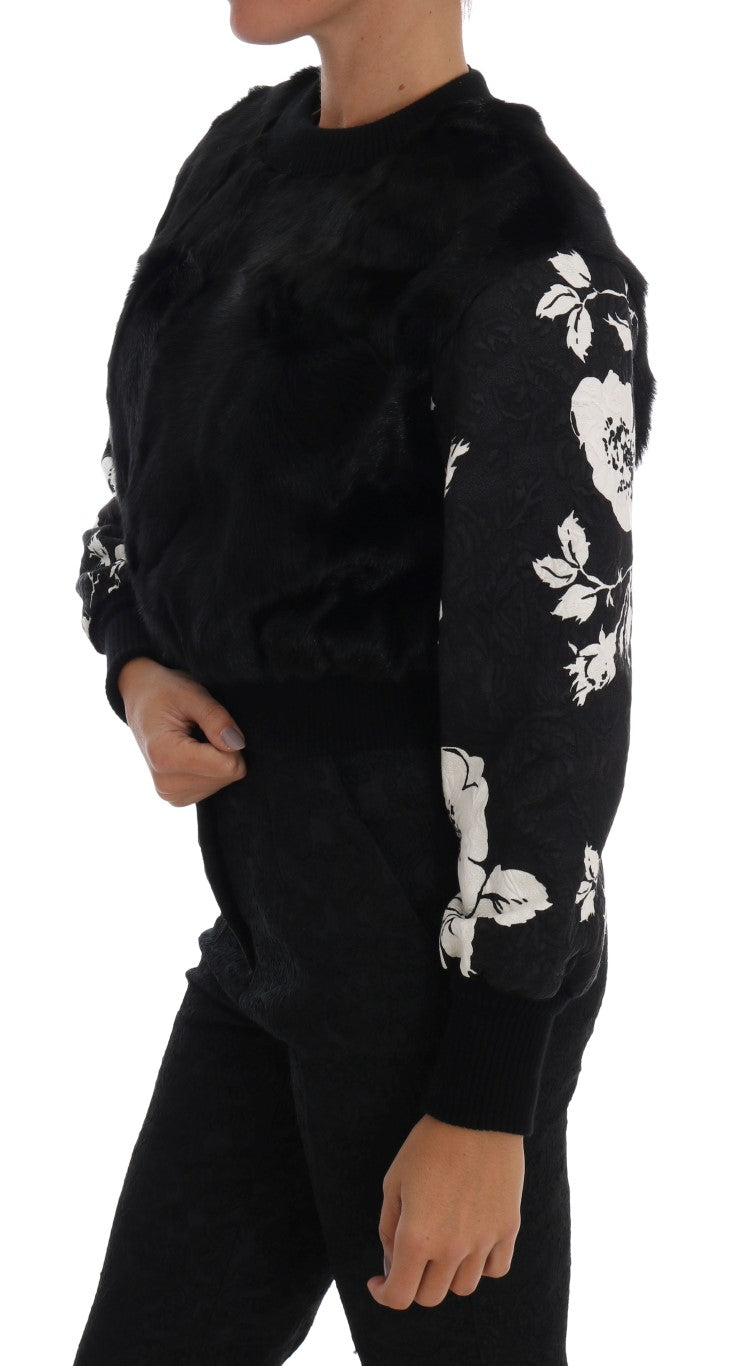 Pull Dolce &amp; Gabbana en fourrure noire, brocart floral et fermeture éclair