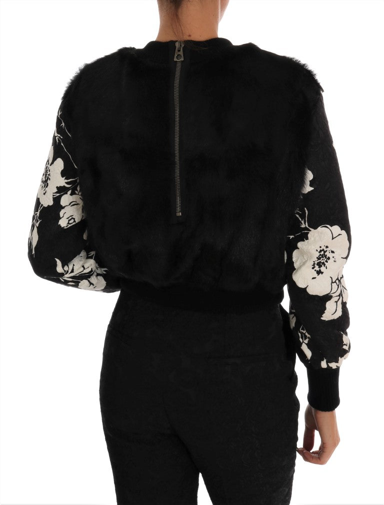 Pull Dolce &amp; Gabbana en fourrure noire, brocart floral et fermeture éclair