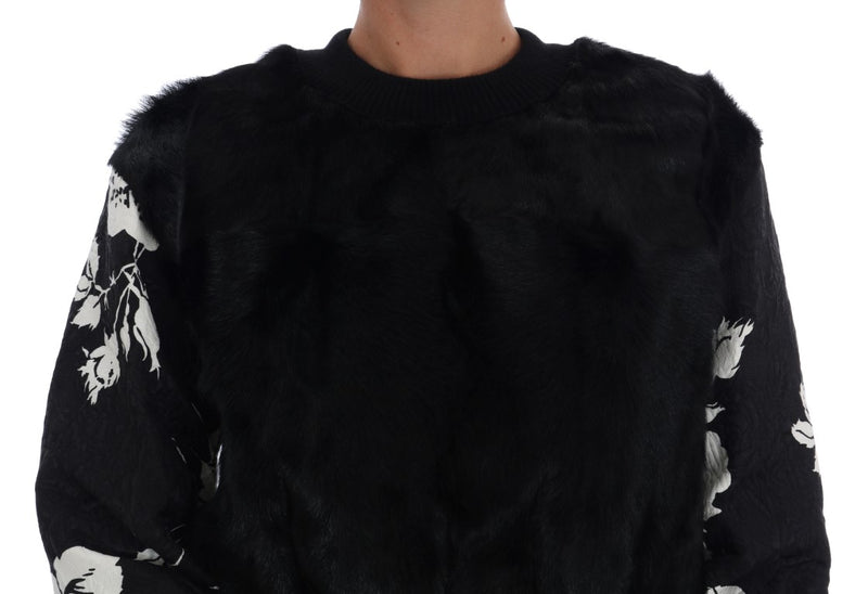 Pull Dolce &amp; Gabbana en fourrure noire, brocart floral et fermeture éclair