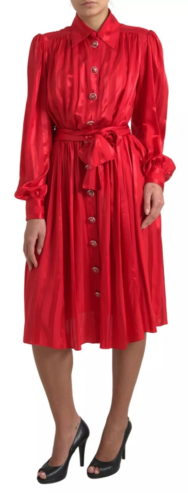 Robe Midi en Soie Rouge à Boutons et Ceinture Dolce & Gabbana