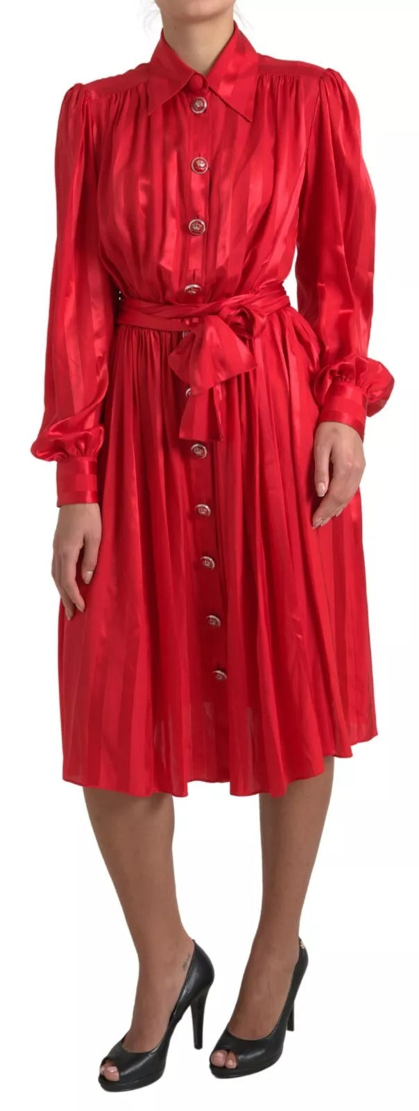Robe Midi en Soie Rouge à Boutons et Ceinture Dolce & Gabbana