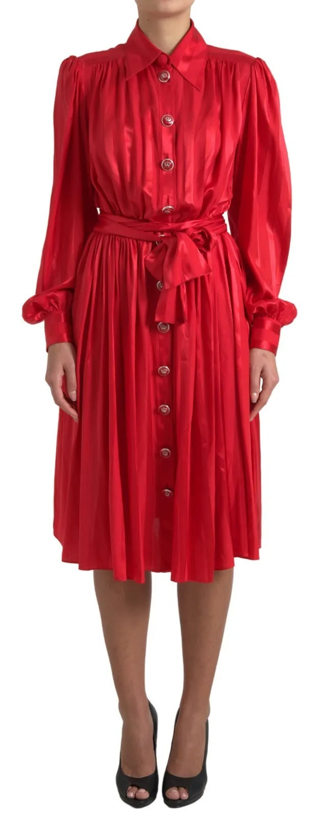 Robe Midi en Soie Rouge à Boutons et Ceinture Dolce & Gabbana