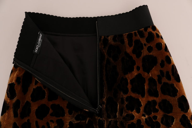 Jupe trapèze en soie imprimée léopard marron Dolce &amp; Gabbana
