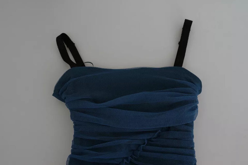Dolce & Gabbana Blue Draped Tulle Midi Sheath Dress