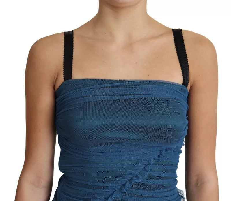 Dolce & Gabbana Blue Draped Tulle Midi Sheath Dress