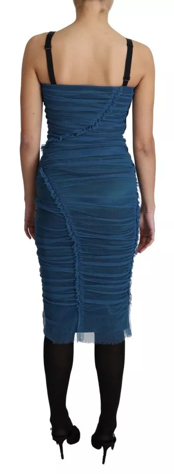 Dolce & Gabbana Blue Draped Tulle Midi Sheath Dress