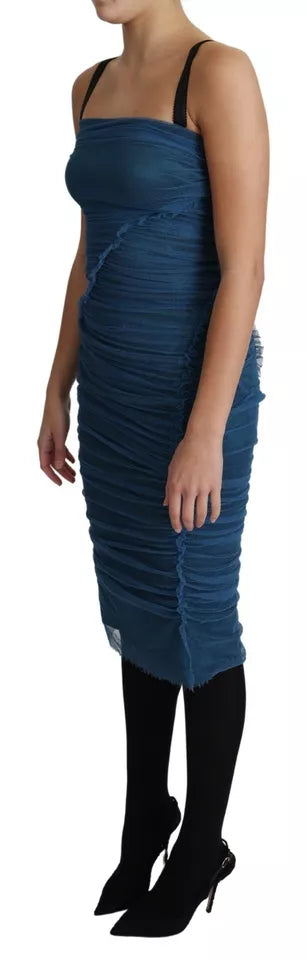 Dolce & Gabbana Blue Draped Tulle Midi Sheath Dress