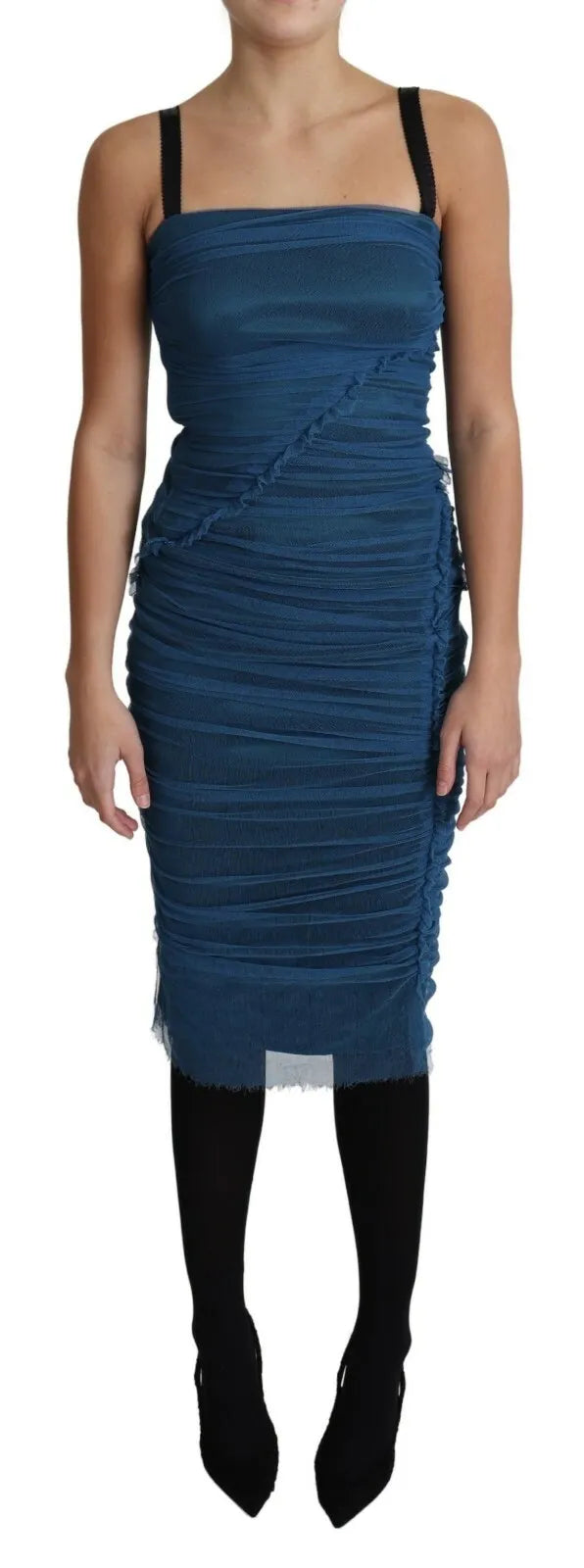 Dolce & Gabbana Blue Draped Tulle Midi Sheath Dress