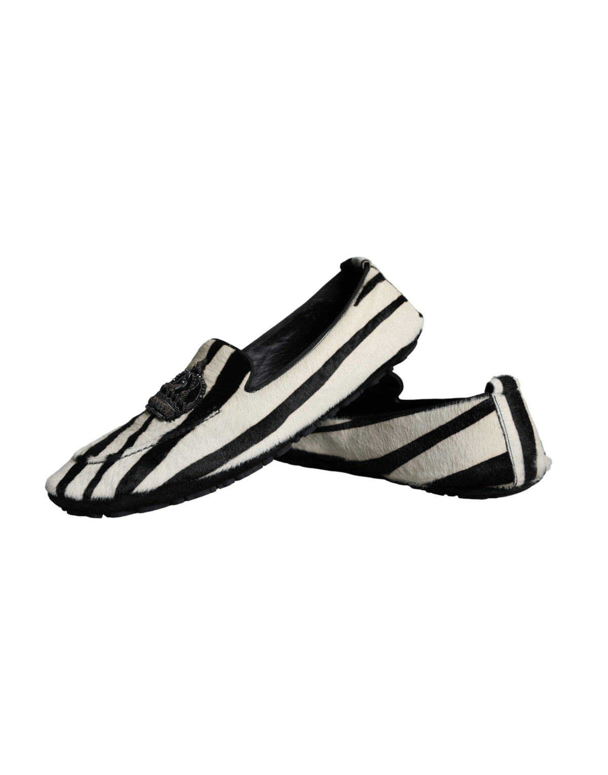 Dolce & Gabbana Black and White Calf Fur Slip-On Loafers for Men