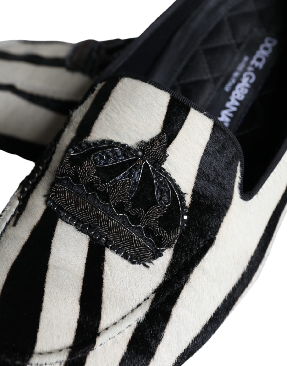 Dolce & Gabbana Black and White Calf Fur Slip-On Loafers for Men