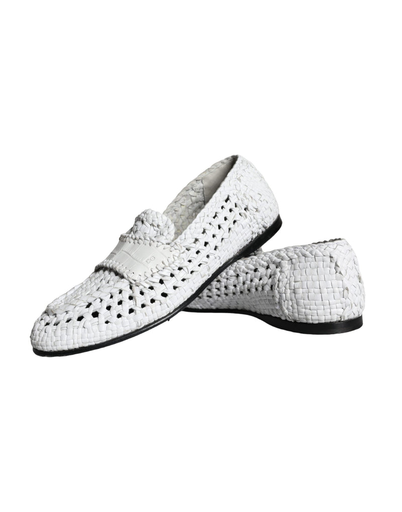 Dolce & Gabbana White Woven Leather Slip-On Loafers for Men