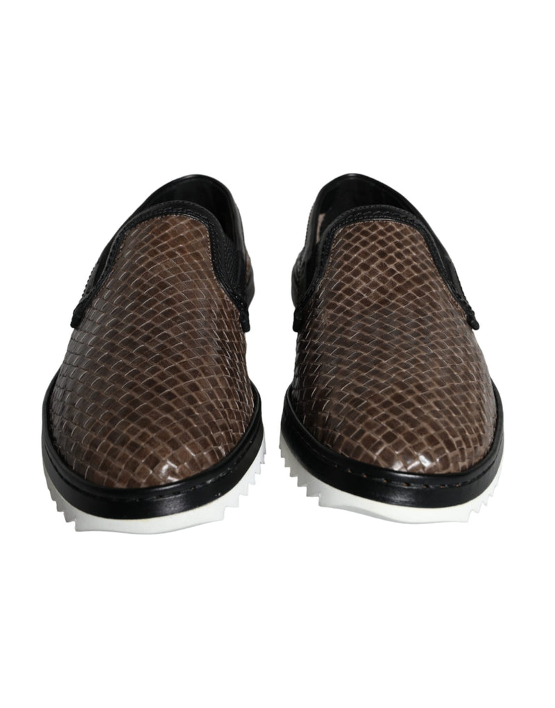 Dolce & Gabbana Brown Black Leather Woven Men Loafers Shoes