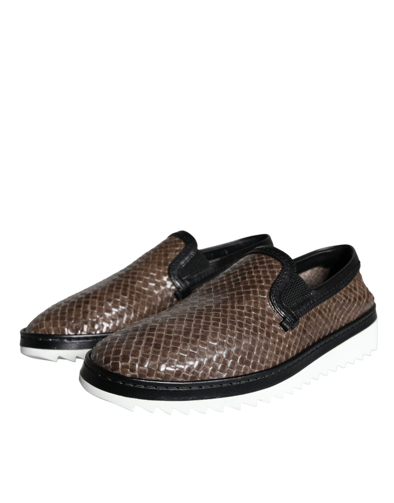 Dolce & Gabbana Brown Black Leather Woven Men Loafers Shoes