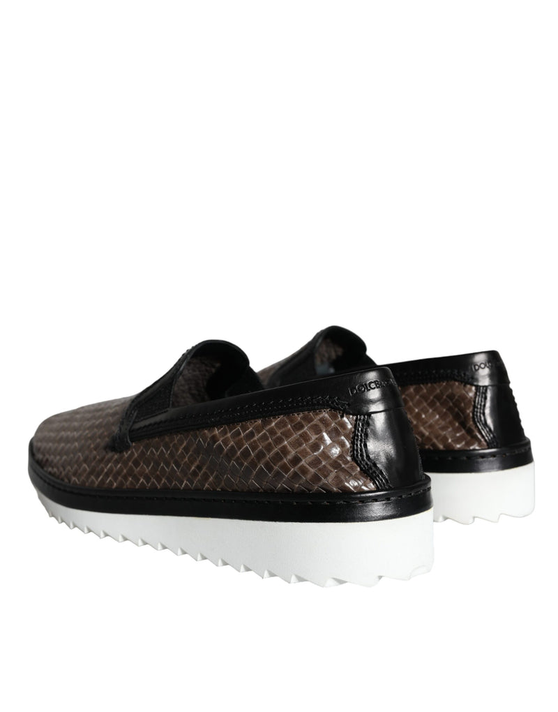 Dolce & Gabbana Brown Black Leather Woven Men Loafers Shoes
