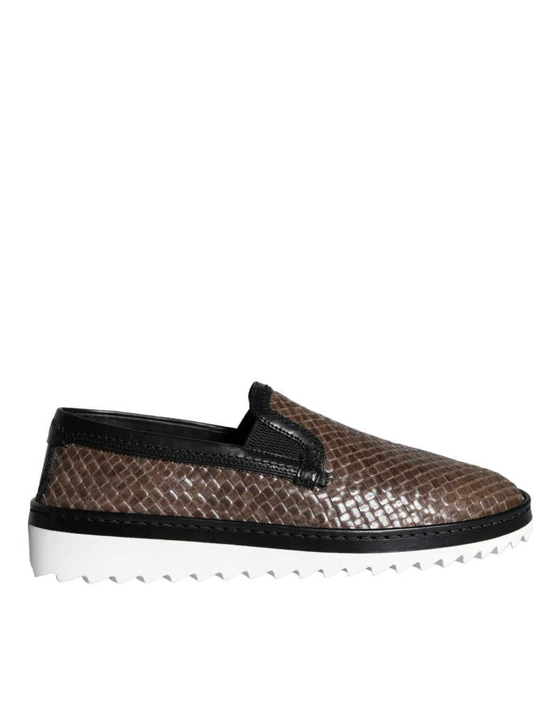 Dolce & Gabbana Brown Black Leather Woven Men Loafers Shoes