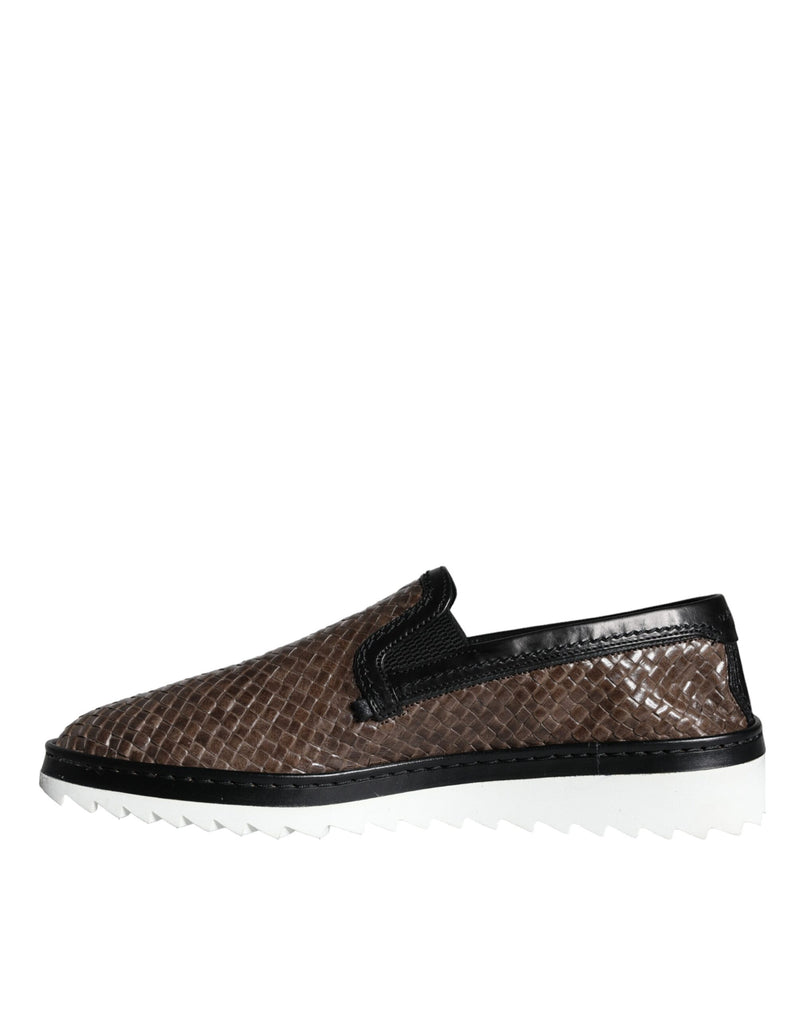 Dolce & Gabbana Brown Black Leather Woven Men Loafers Shoes