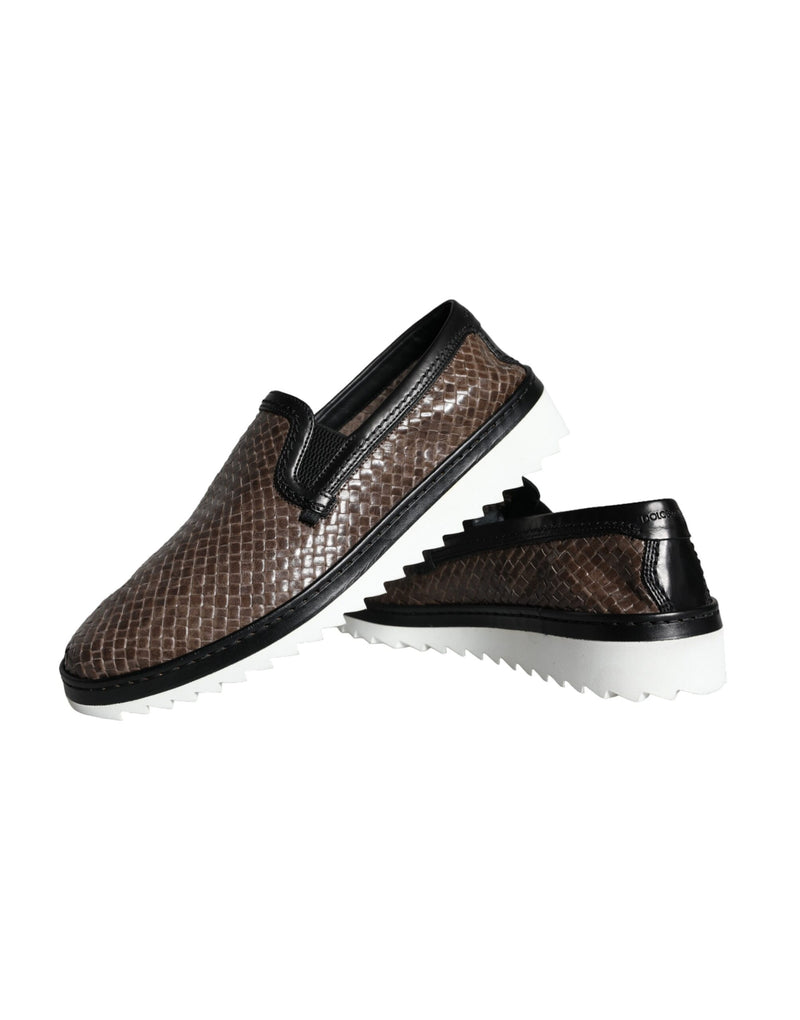 Dolce & Gabbana Brown Black Leather Woven Men Loafers Shoes