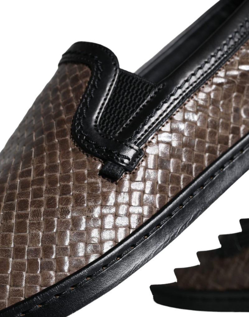 Dolce & Gabbana Brown Black Leather Woven Men Loafers Shoes