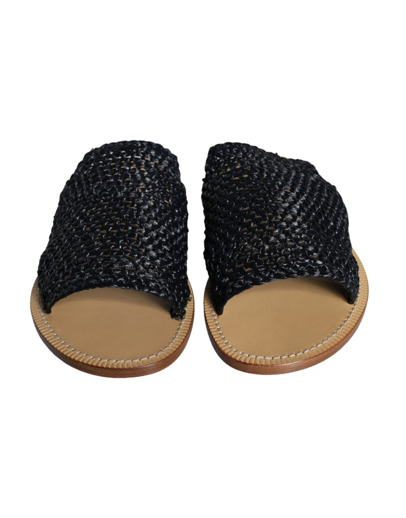 Dolce & Gabbana Black Monochrome Braided Raffia Slides