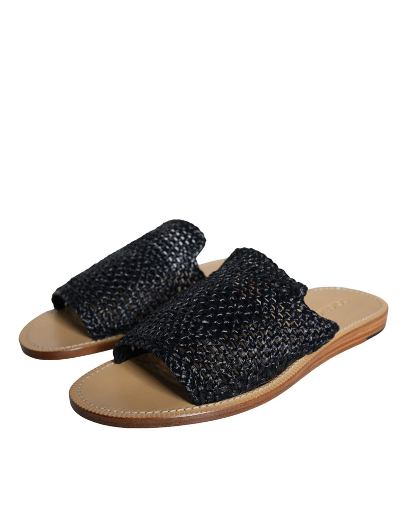 Dolce & Gabbana Black Monochrome Braided Raffia Slides