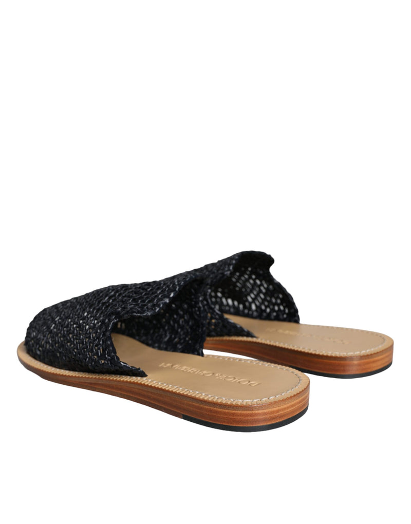 Dolce & Gabbana Black Monochrome Braided Raffia Slides