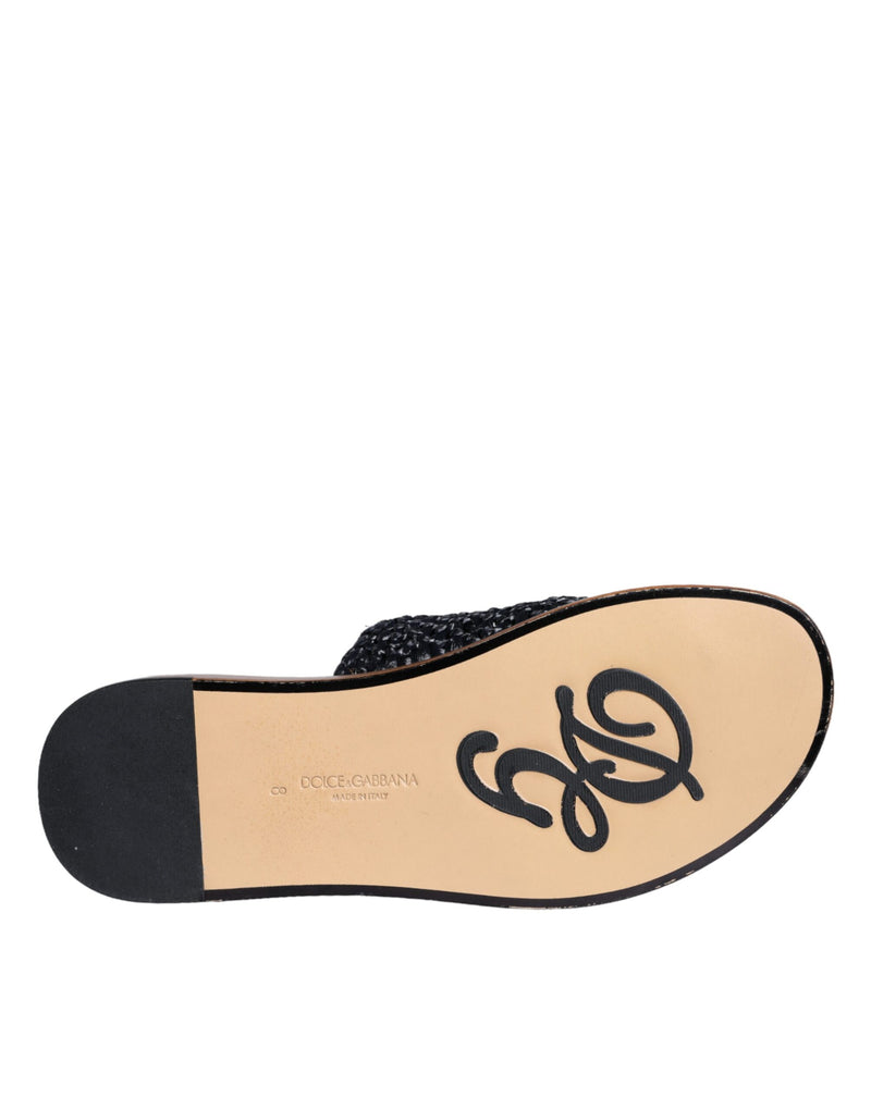 Dolce & Gabbana Black Monochrome Braided Raffia Slides