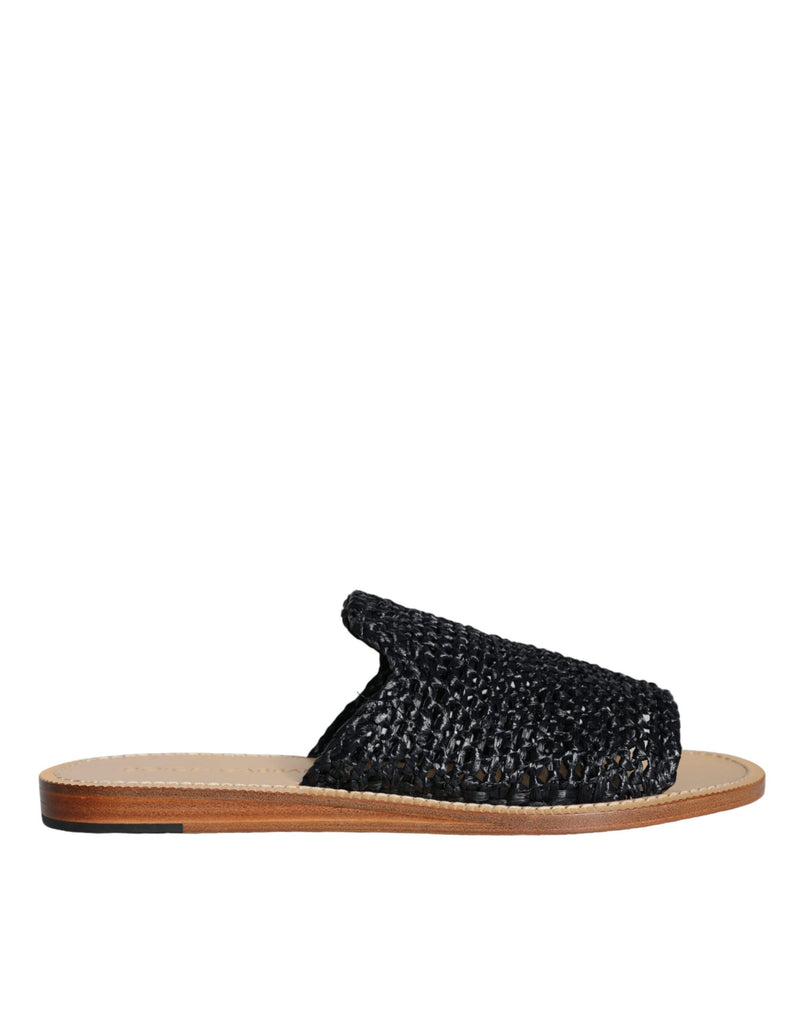 Dolce & Gabbana Black Monochrome Braided Raffia Slides
