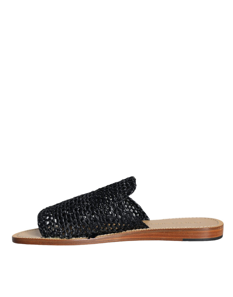 Dolce & Gabbana Black Monochrome Braided Raffia Slides
