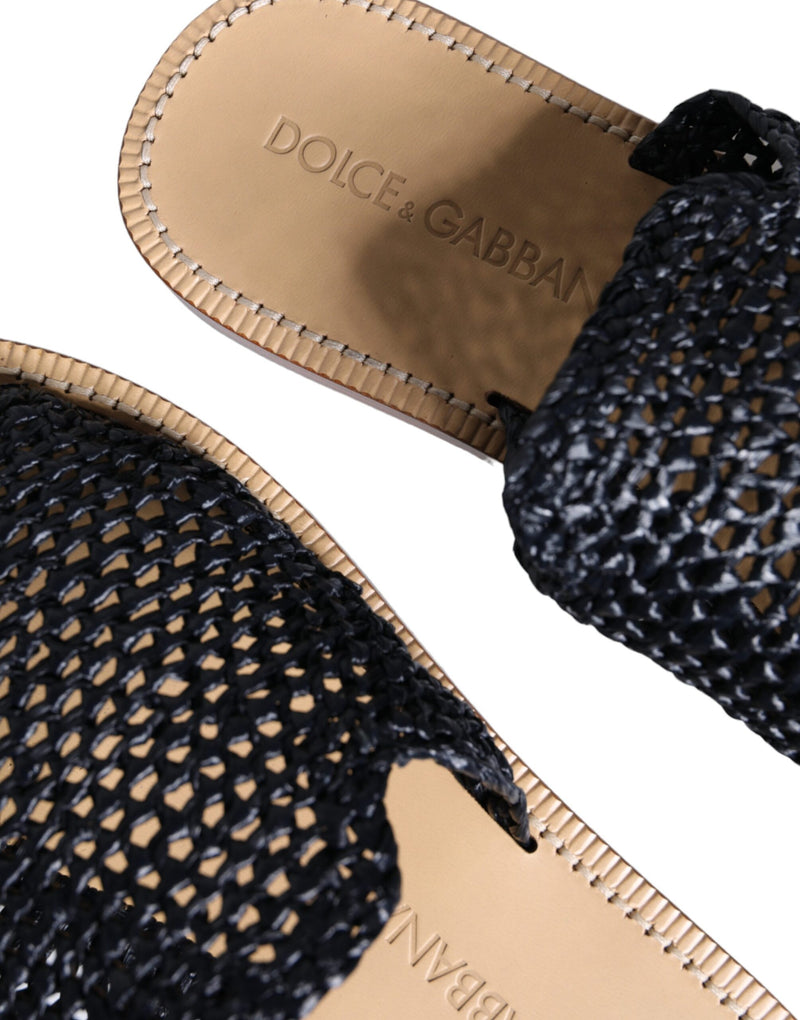 Dolce & Gabbana Black Monochrome Braided Raffia Slides
