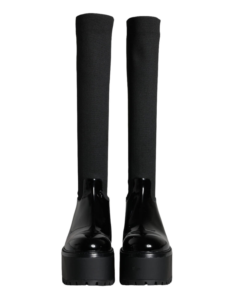 Dolce & Gabbana Black Leather Jersey Knee High Boots