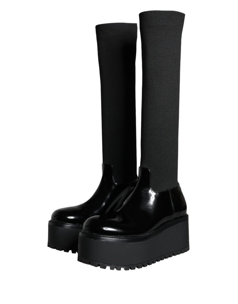 Dolce & Gabbana Black Leather Jersey Knee High Boots