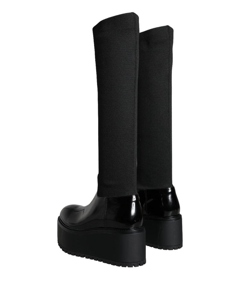 Dolce & Gabbana Black Leather Jersey Knee High Boots