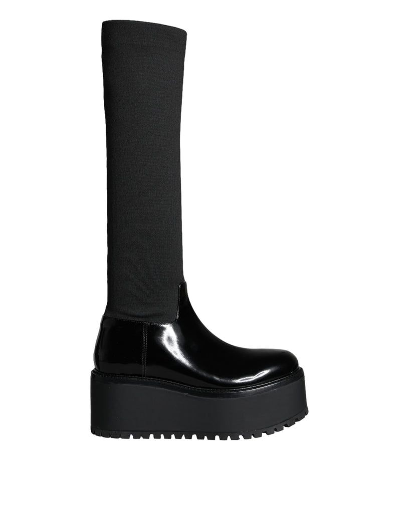 Dolce & Gabbana Black Leather Jersey Knee High Boots