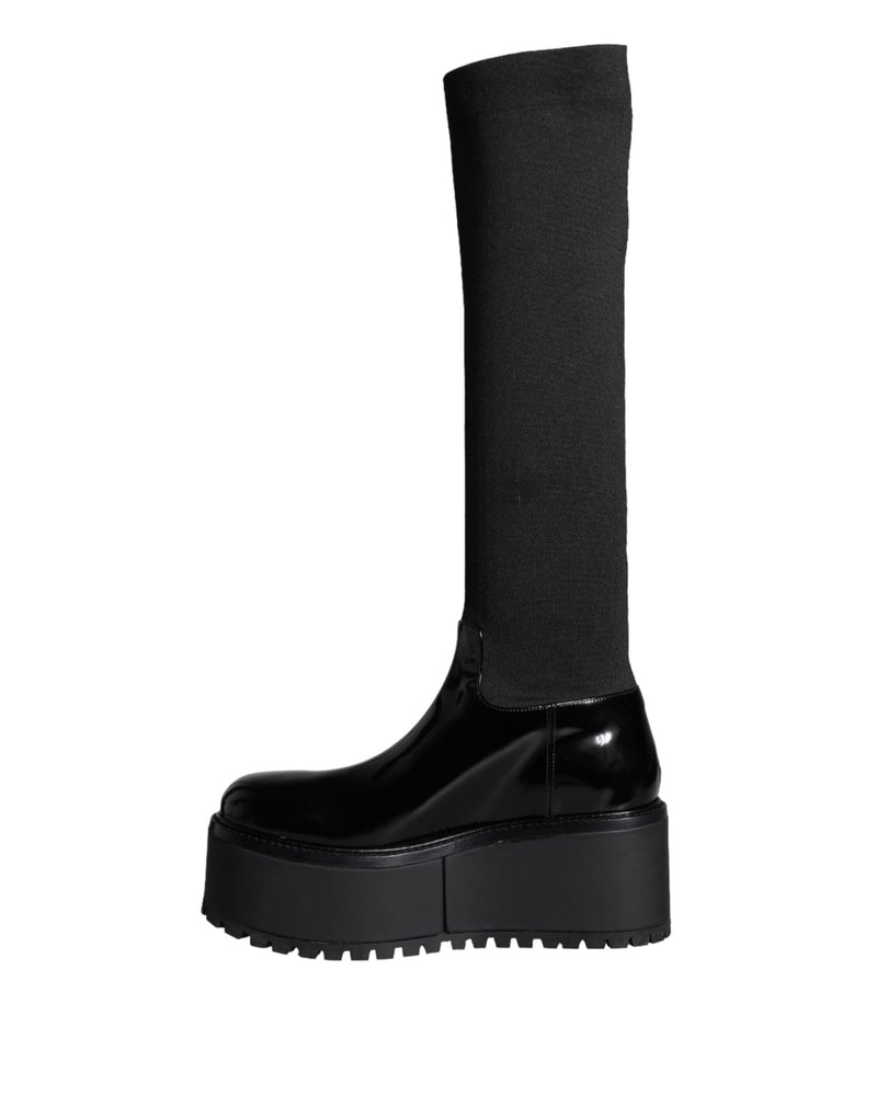Dolce & Gabbana Black Leather Jersey Knee High Boots