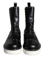 Dolce & Gabbana Black Leather Combat Mid Calf Boots