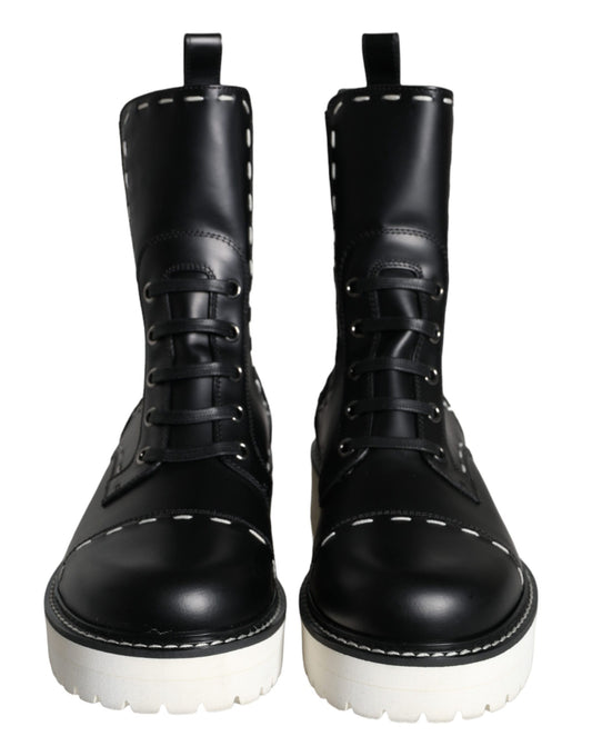 Dolce & Gabbana Black Leather Combat Mid Calf Boots