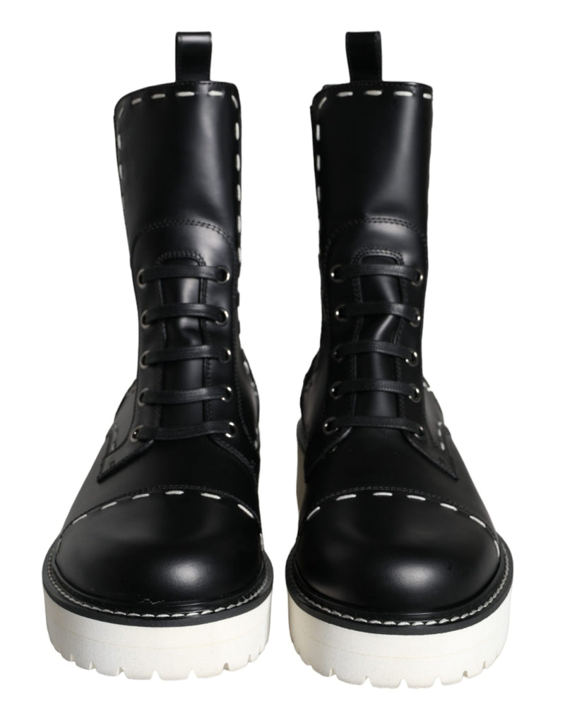 Dolce & Gabbana Black Leather Combat Mid Calf Boots
