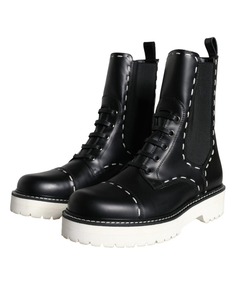 Dolce & Gabbana Black Leather Combat Mid Calf Boots