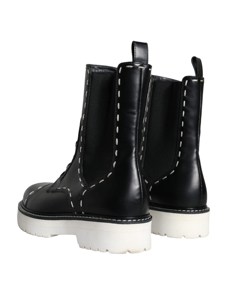 Dolce & Gabbana Black Leather Combat Mid Calf Boots