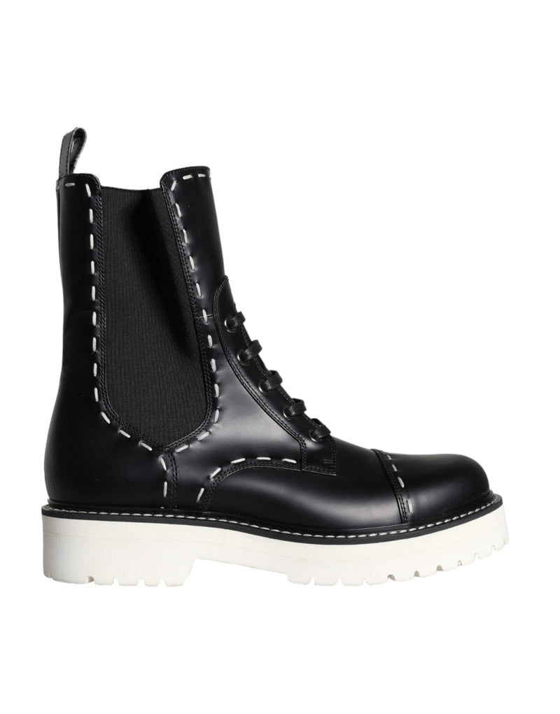 Dolce & Gabbana Black Leather Combat Mid Calf Boots