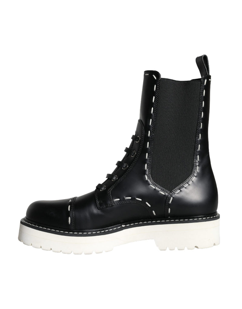 Dolce & Gabbana Black Leather Combat Mid Calf Boots
