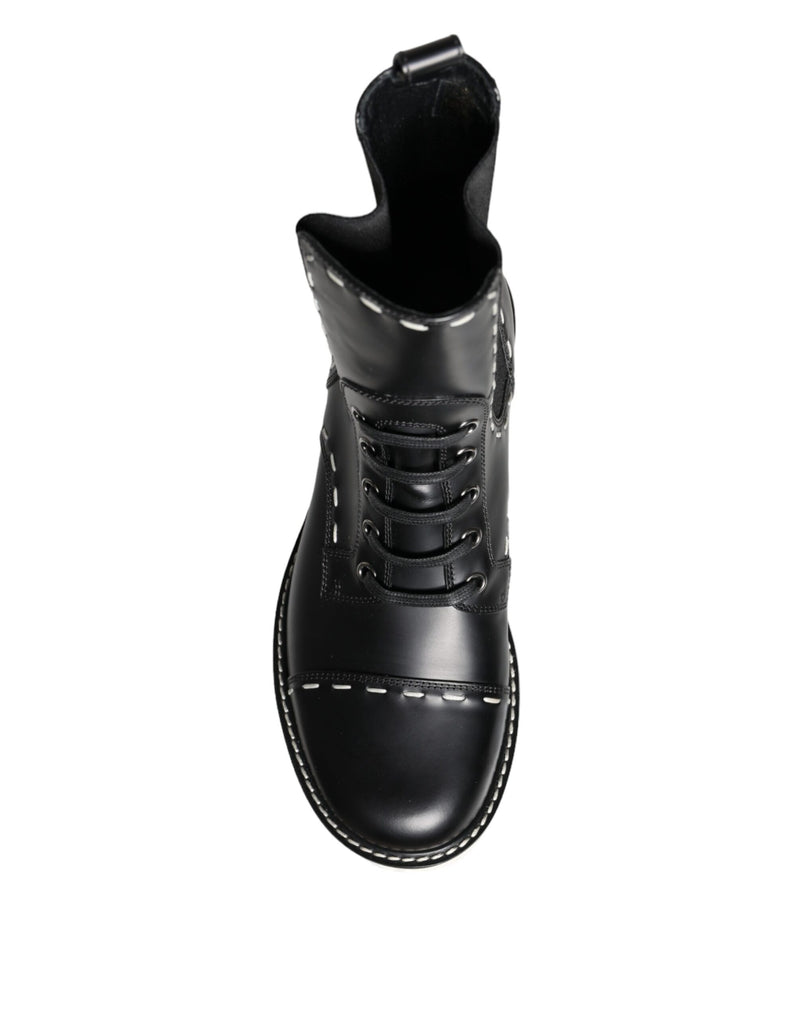 Dolce & Gabbana Black Leather Combat Mid Calf Boots