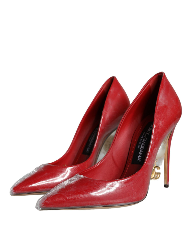 Dolce & Gabbana Red Patent Leather Faux Pearl Heels Pumps